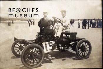 Mr. John E. Gilbert and another man pictured with four cylinder Franklin no. 15. Mr. Gilbert won a silver trophy for racing at 80 miles per hour